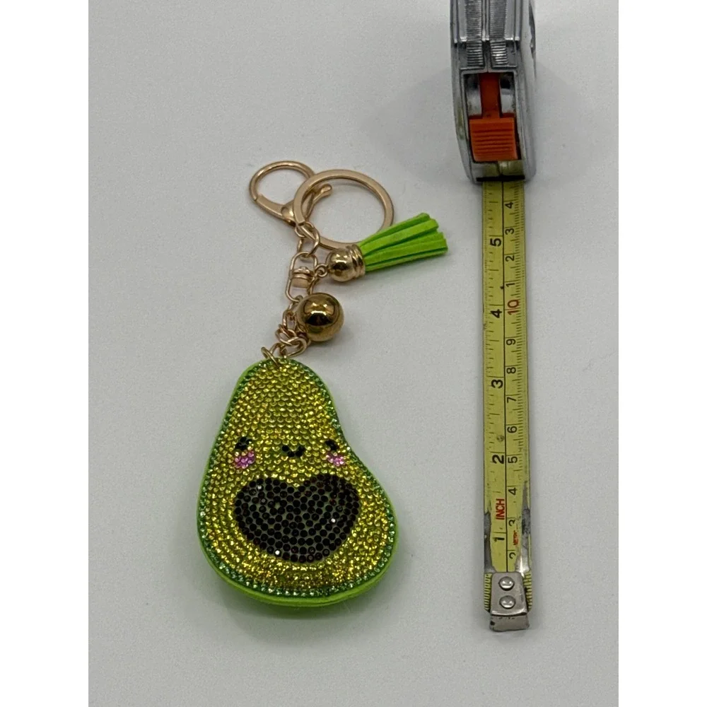 Green Rhinestone Avocado Keychain Heart Pit Tassel Gold Tone Bag Charm
